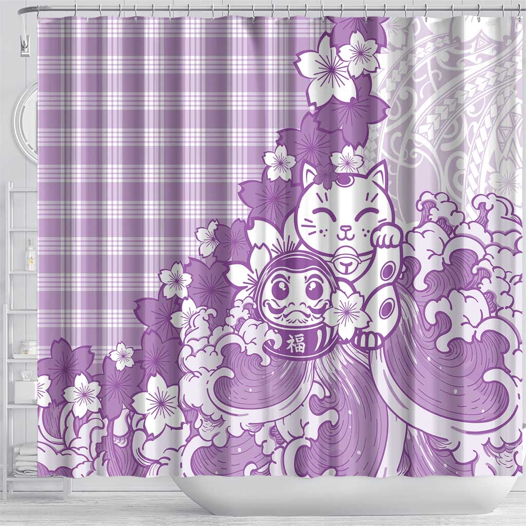 Purple Palaka Hawaiian And Japanese Shower Curtain Maneki Neko And Sakura Bloom