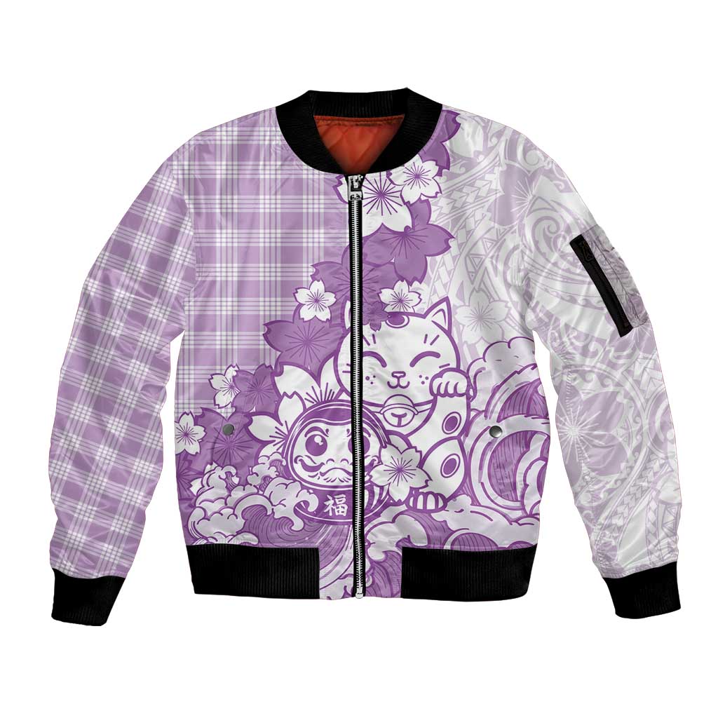 Purple Palaka Hawaiian And Japanese Sleeve Zip Bomber Jacket Maneki Neko And Sakura Bloom