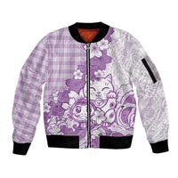 Purple Palaka Hawaiian And Japanese Sleeve Zip Bomber Jacket Maneki Neko And Sakura Bloom