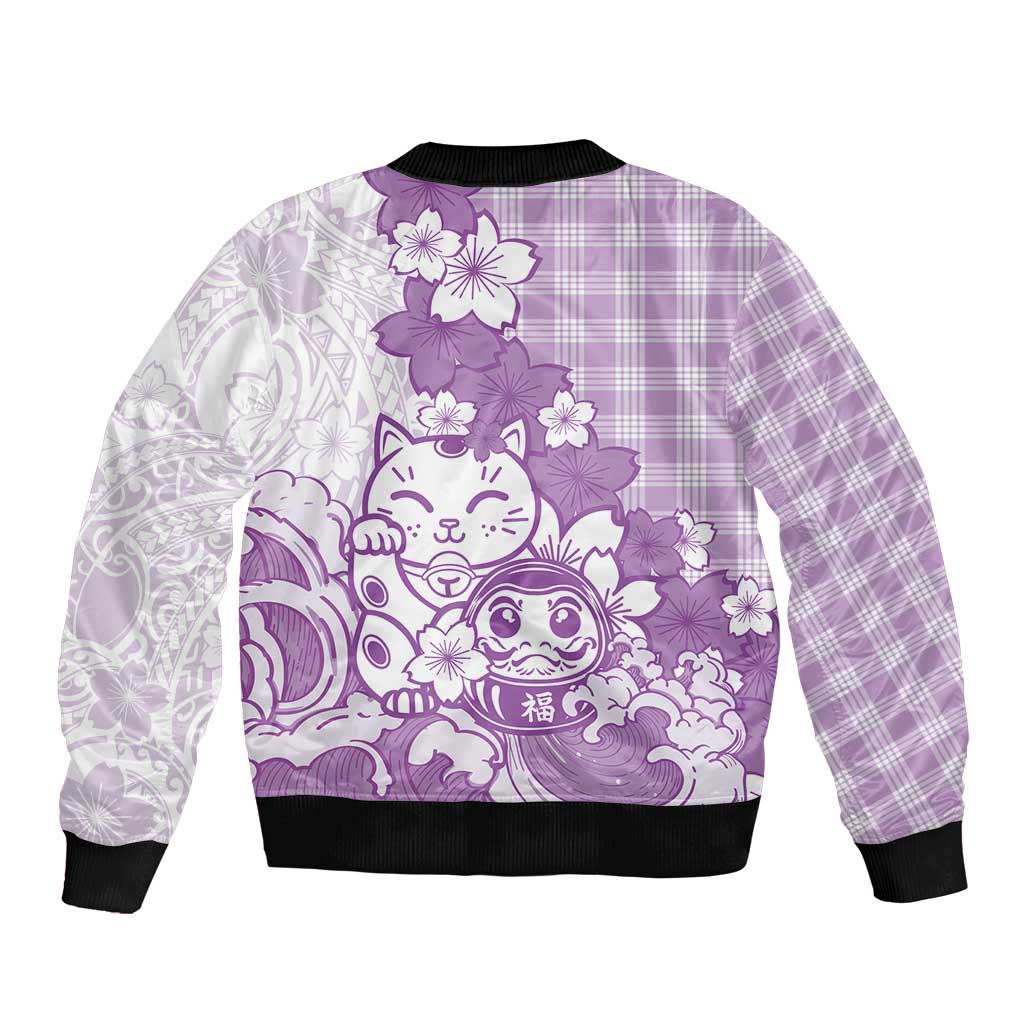 Purple Palaka Hawaiian And Japanese Sleeve Zip Bomber Jacket Maneki Neko And Sakura Bloom