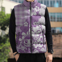 Purple Palaka Hawaiian And Japanese Sleeveless Puffer Jacket Maneki Neko And Sakura Bloom