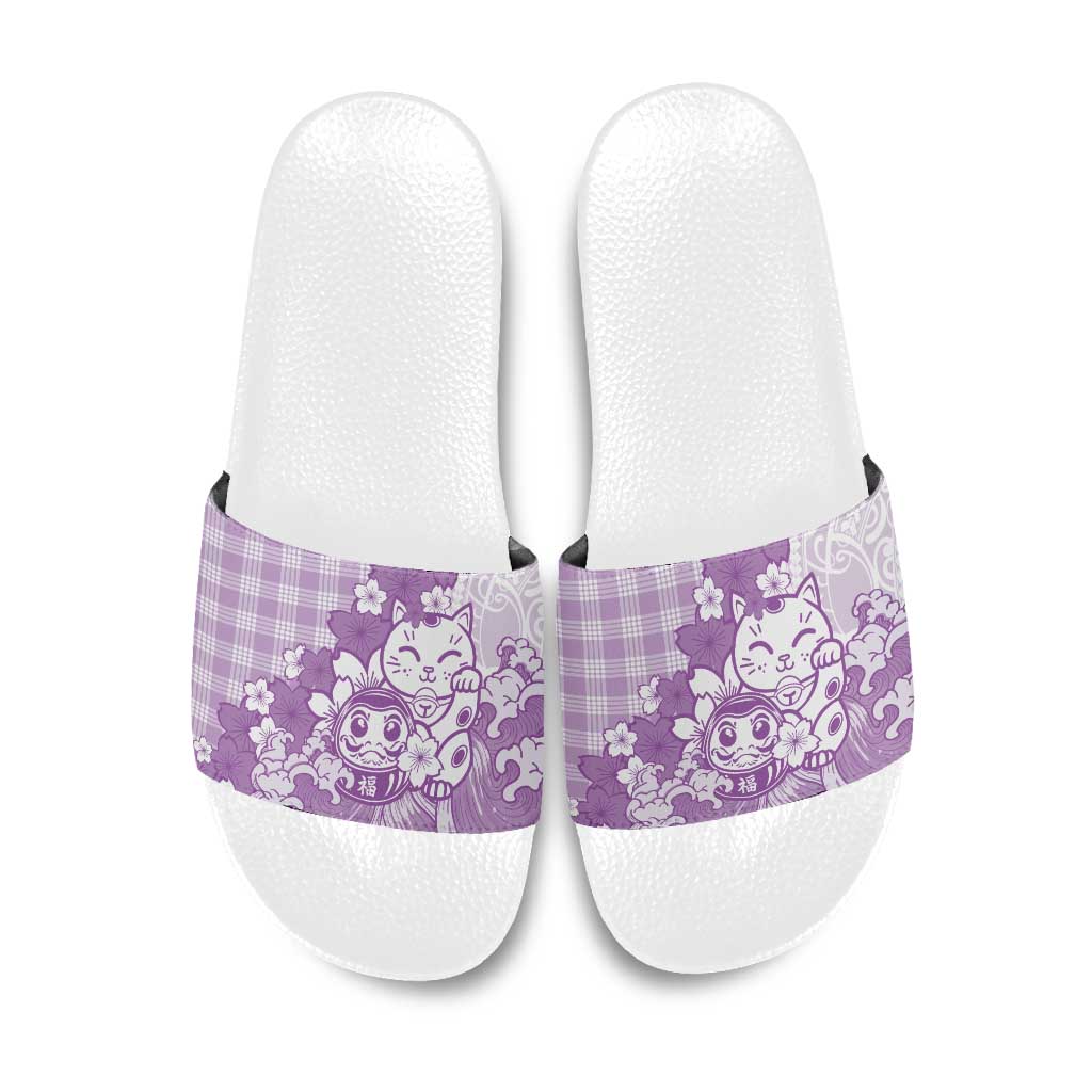 Purple Palaka Hawaiian And Japanese Slide Sandals Maneki Neko And Sakura Bloom