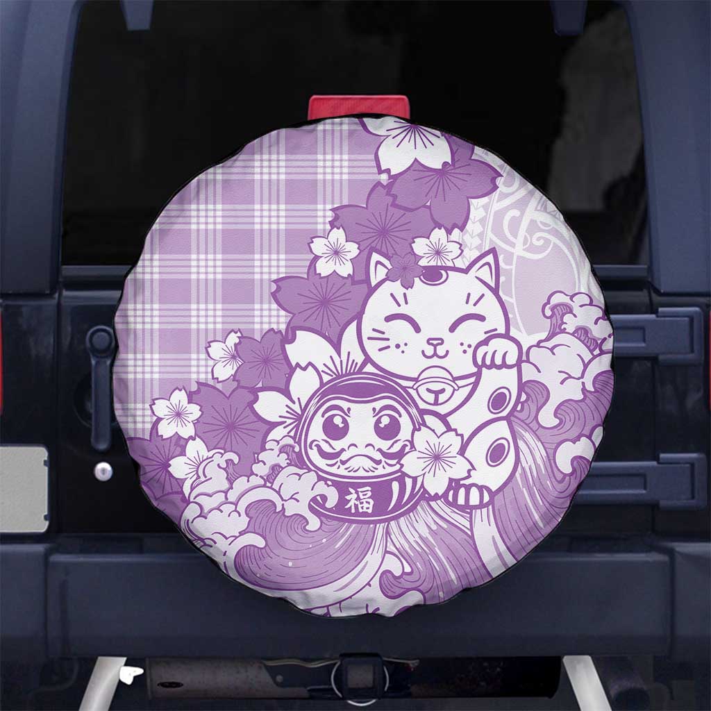 Purple Palaka Hawaiian And Japanese Spare Tire Cover Maneki Neko And Sakura Bloom