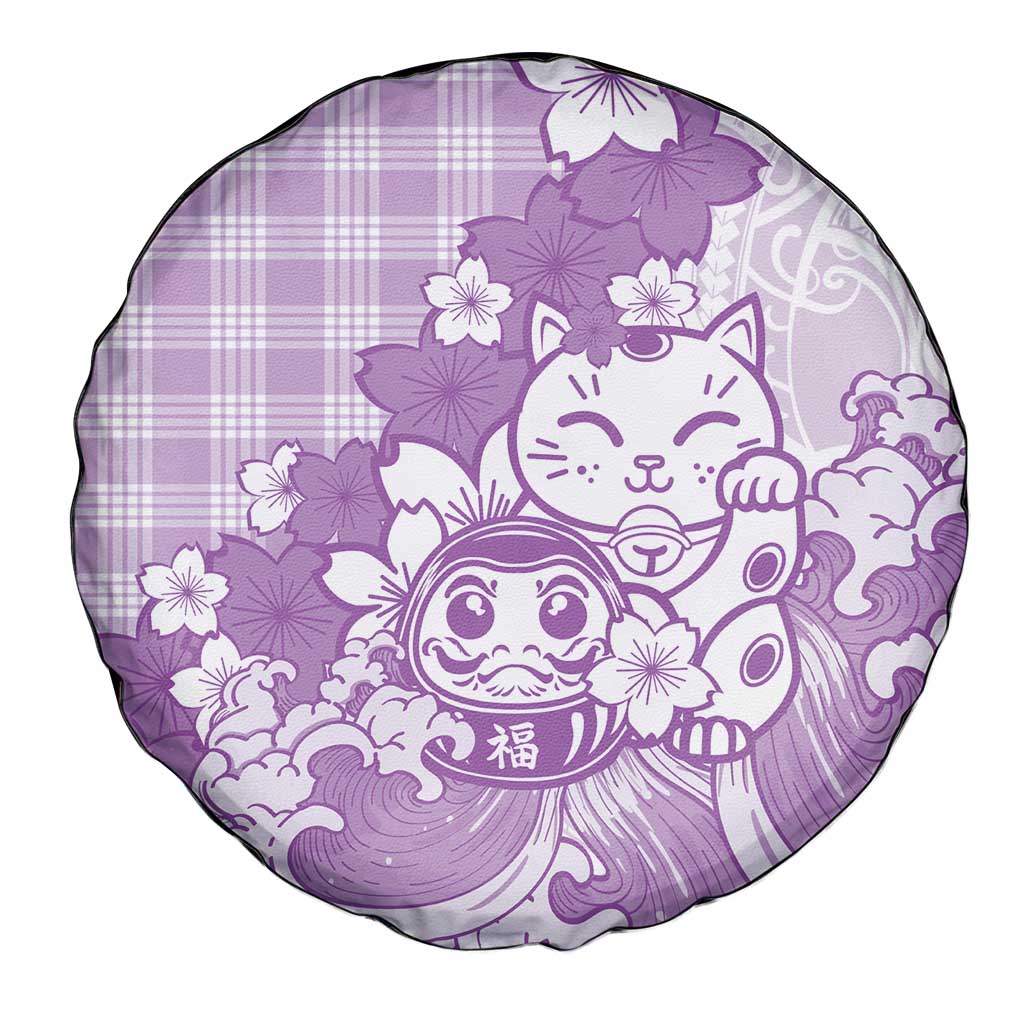 Purple Palaka Hawaiian And Japanese Spare Tire Cover Maneki Neko And Sakura Bloom