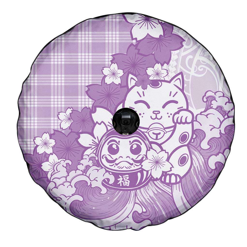 Purple Palaka Hawaiian And Japanese Spare Tire Cover Maneki Neko And Sakura Bloom