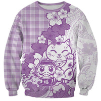 Purple Palaka Hawaiian And Japanese Sweatshirt Maneki Neko And Sakura Bloom