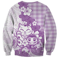 Purple Palaka Hawaiian And Japanese Sweatshirt Maneki Neko And Sakura Bloom
