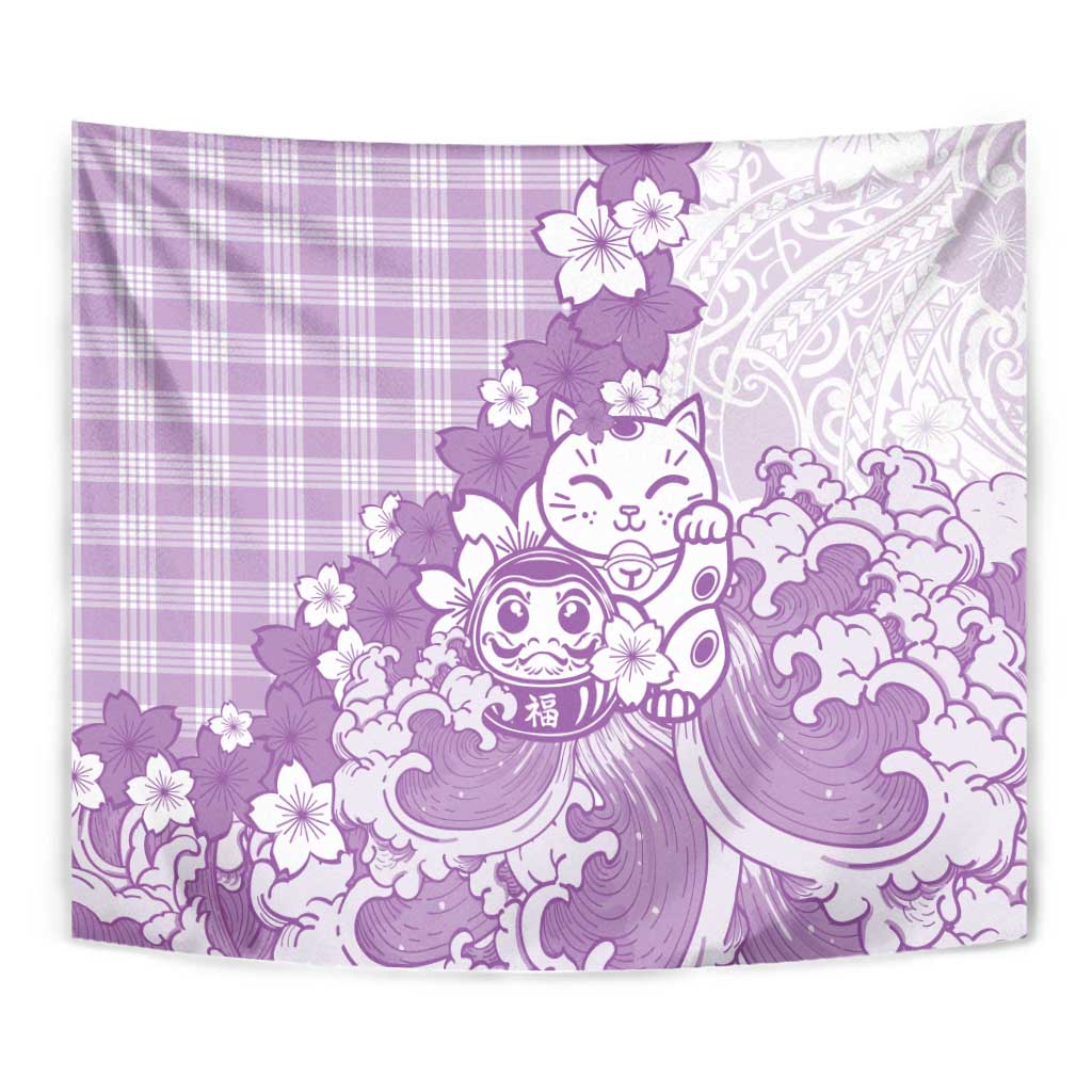 Purple Palaka Hawaiian And Japanese Tapestry Maneki Neko And Sakura Bloom