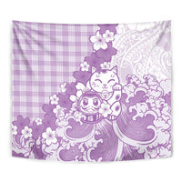 Purple Palaka Hawaiian And Japanese Tapestry Maneki Neko And Sakura Bloom