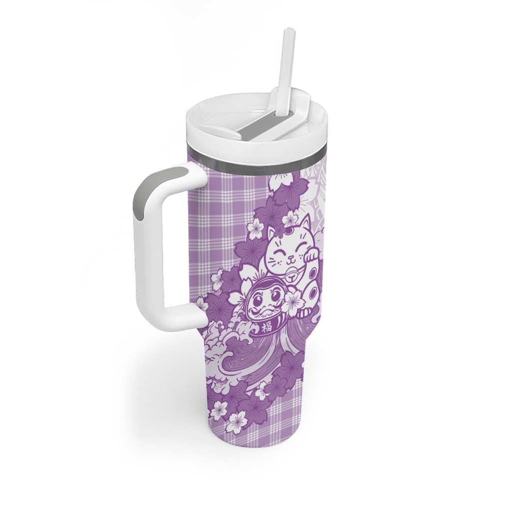 Purple Palaka Hawaiian And Japanese Tumbler With Handle Maneki Neko And Sakura Bloom
