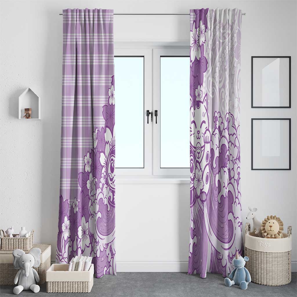 Purple Palaka Hawaiian And Japanese Window Curtain Maneki Neko And Sakura Bloom