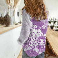 Purple Palaka Hawaiian And Japanese Women Casual Shirt Maneki Neko And Sakura Bloom