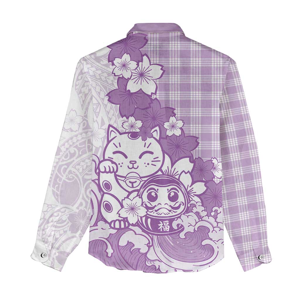 Purple Palaka Hawaiian And Japanese Women Casual Shirt Maneki Neko And Sakura Bloom