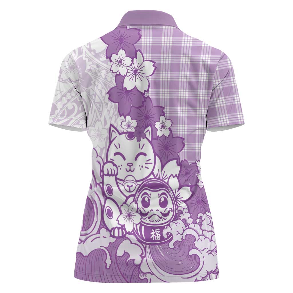 Purple Palaka Hawaiian And Japanese Women Polo Shirt Maneki Neko And Sakura Bloom