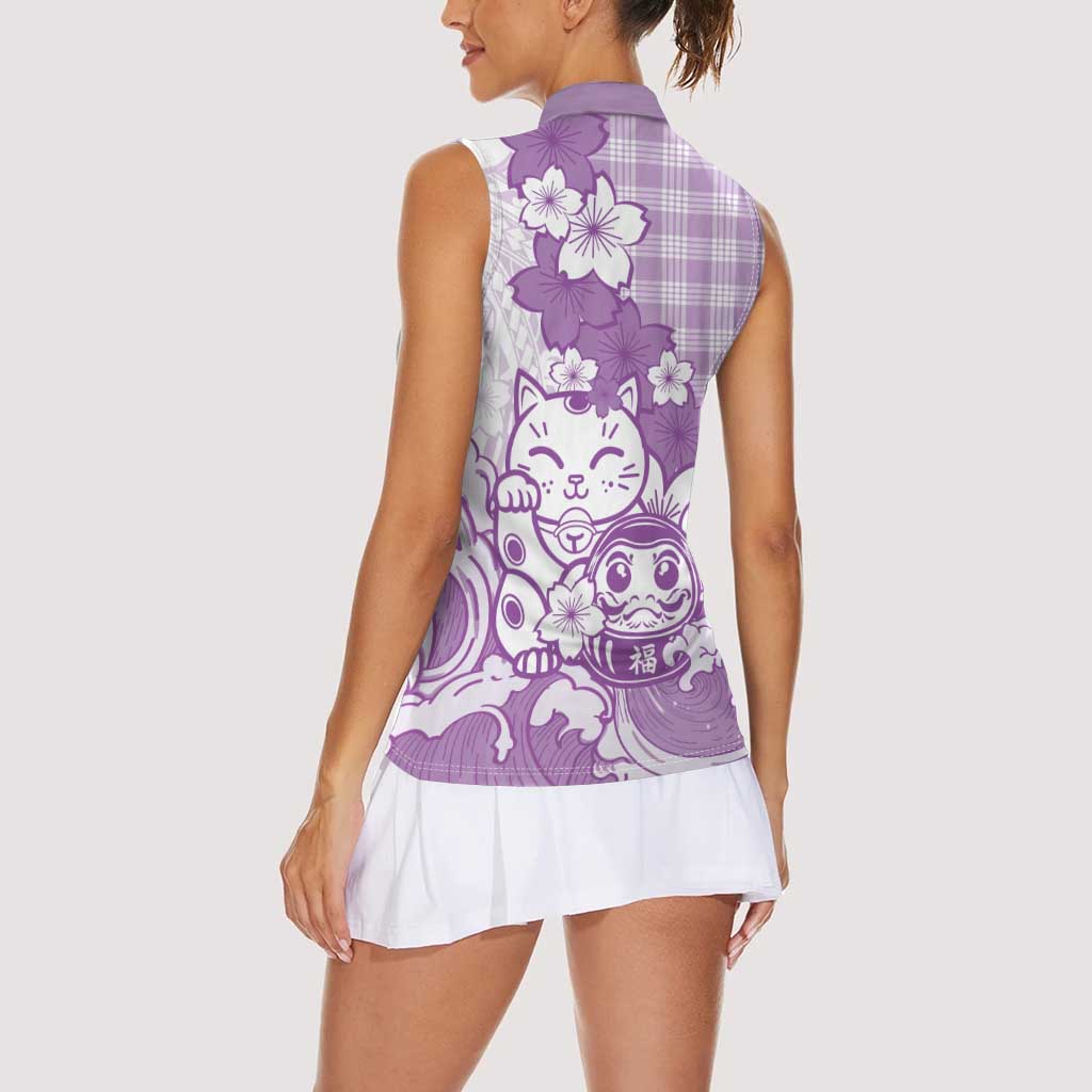 Purple Palaka Hawaiian And Japanese Women Sleeveless Polo Shirt Maneki Neko And Sakura Bloom
