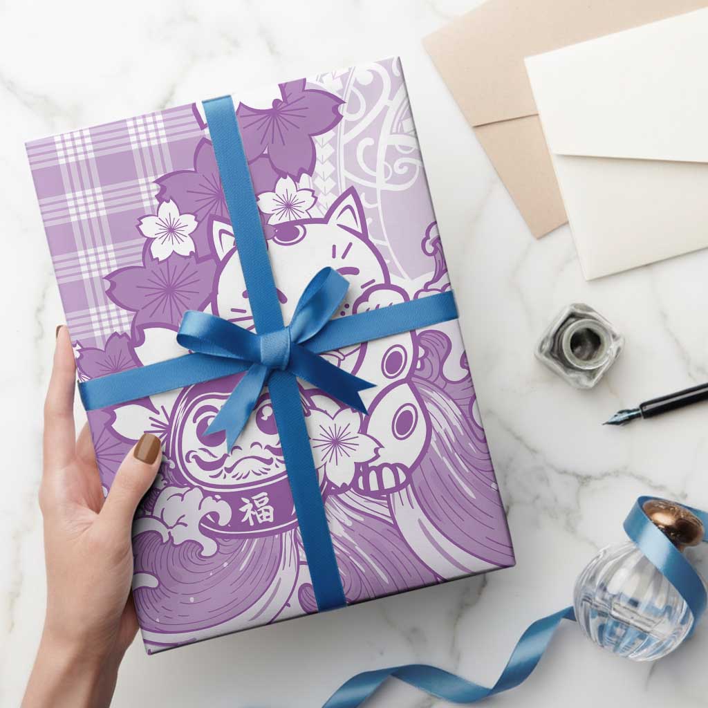 Purple Palaka Hawaiian And Japanese Wrapping Paper Maneki Neko And Sakura Bloom