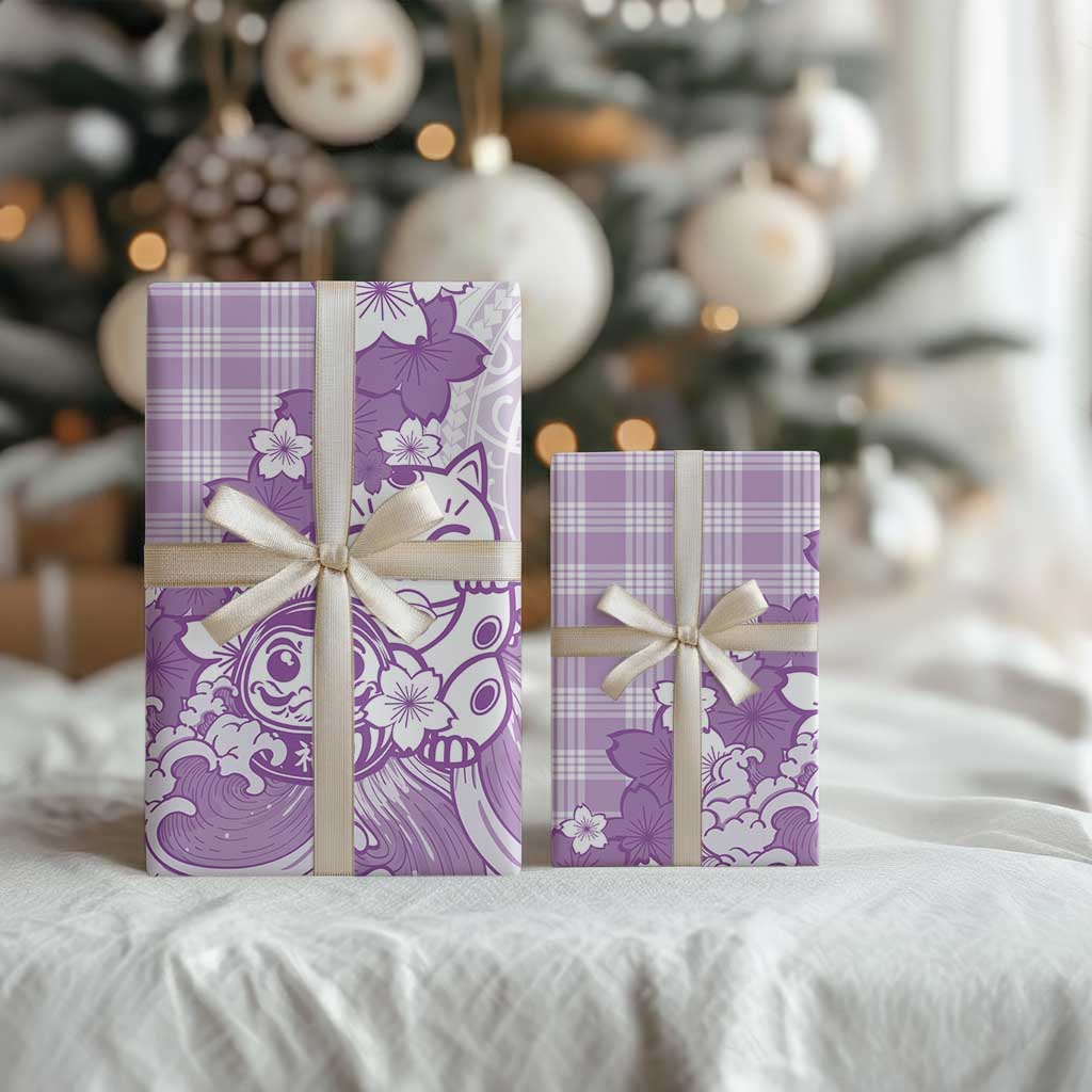 Purple Palaka Hawaiian And Japanese Wrapping Paper Maneki Neko And Sakura Bloom