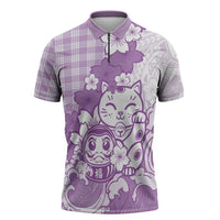 Purple Palaka Hawaiian And Japanese Zipper Polo Shirt Maneki Neko And Sakura Bloom DT05 Purple - Polynesian Pride