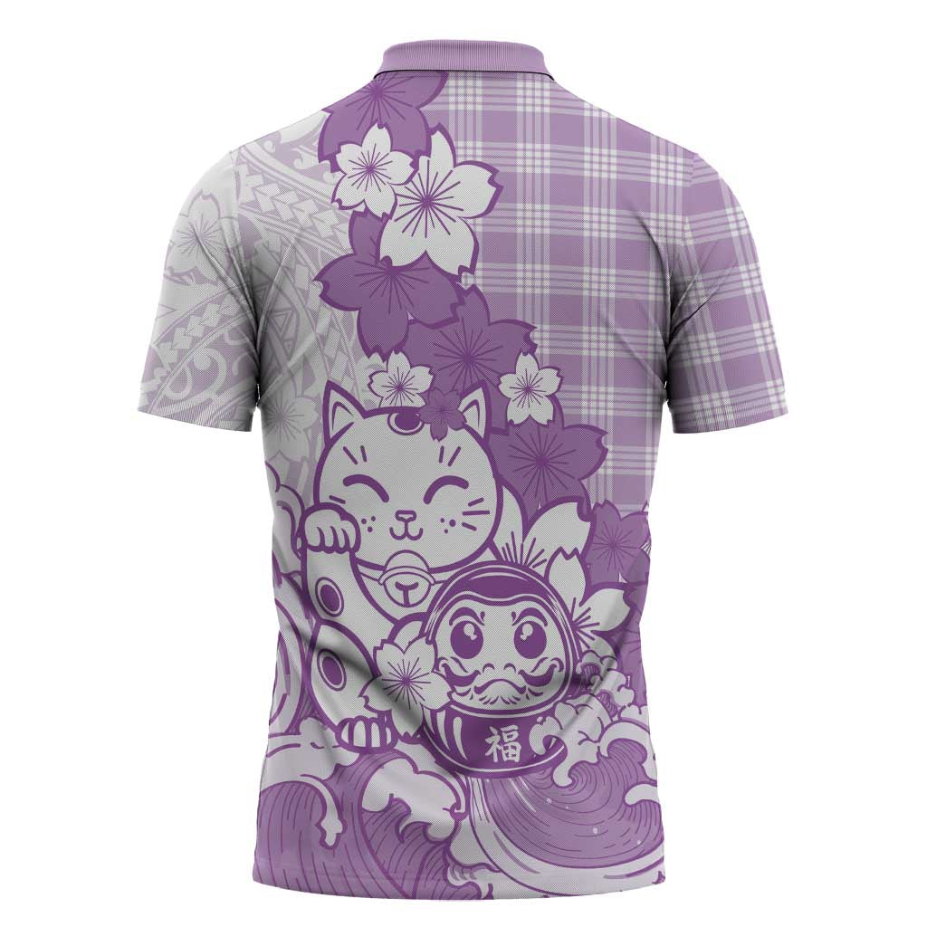 Purple Palaka Hawaiian And Japanese Zipper Polo Shirt Maneki Neko And Sakura Bloom DT05 - Polynesian Pride