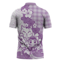 Purple Palaka Hawaiian And Japanese Zipper Polo Shirt Maneki Neko And Sakura Bloom DT05 - Polynesian Pride