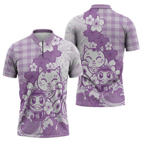 Purple Palaka Hawaiian And Japanese Zipper Polo Shirt Maneki Neko And Sakura Bloom DT05 - Polynesian Pride