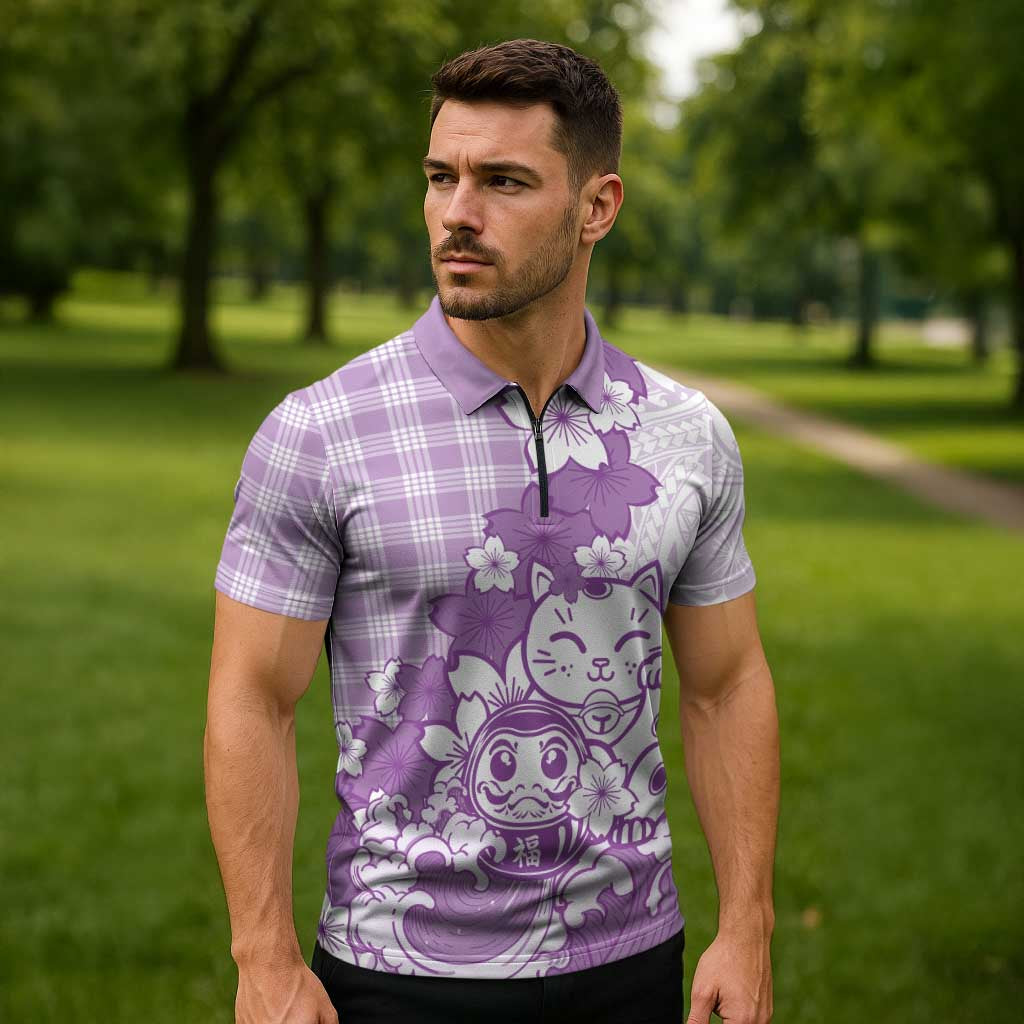 Purple Palaka Hawaiian And Japanese Zipper Polo Shirt Maneki Neko And Sakura Bloom DT05 - Polynesian Pride