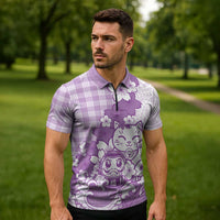 Purple Palaka Hawaiian And Japanese Zipper Polo Shirt Maneki Neko And Sakura Bloom DT05 - Polynesian Pride