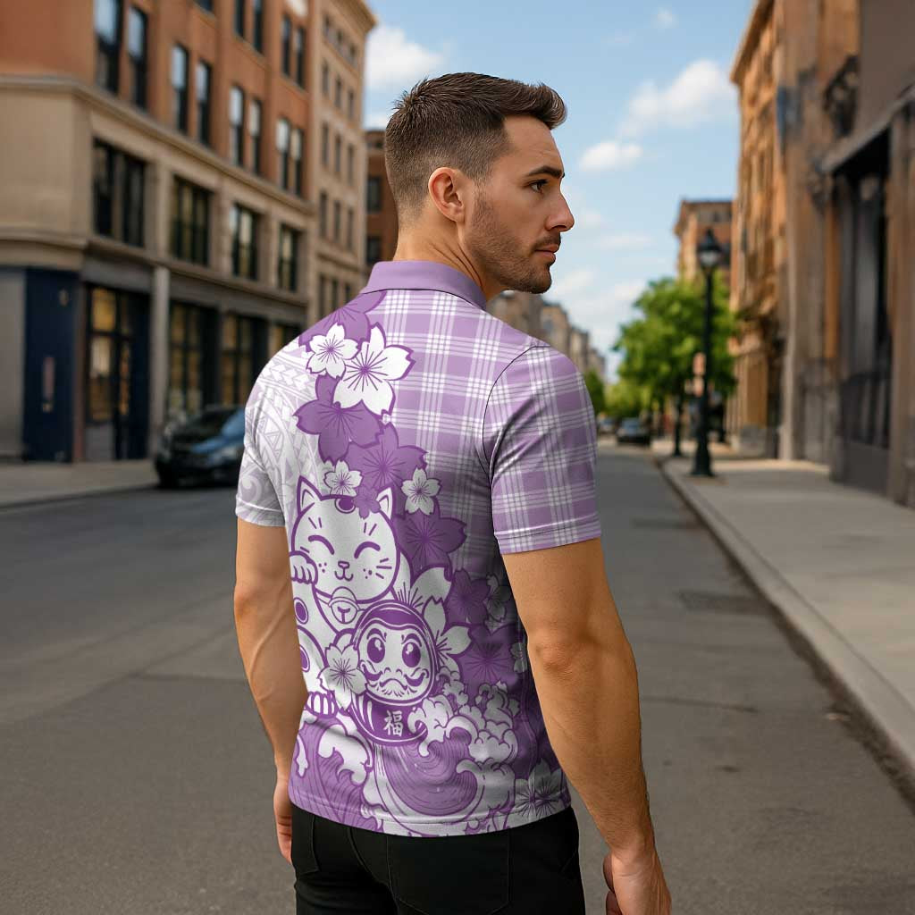 Purple Palaka Hawaiian And Japanese Zipper Polo Shirt Maneki Neko And Sakura Bloom DT05 - Polynesian Pride