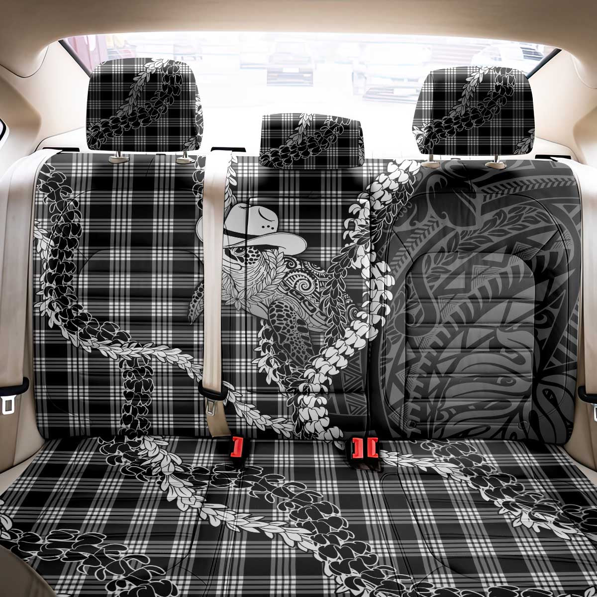 Black Hawaii Palaka Cowboy Turtle Back Car Seat Cover Hawaiian Paniolo Puakenikeni Maile Lei DT05 - Polynesian Pride