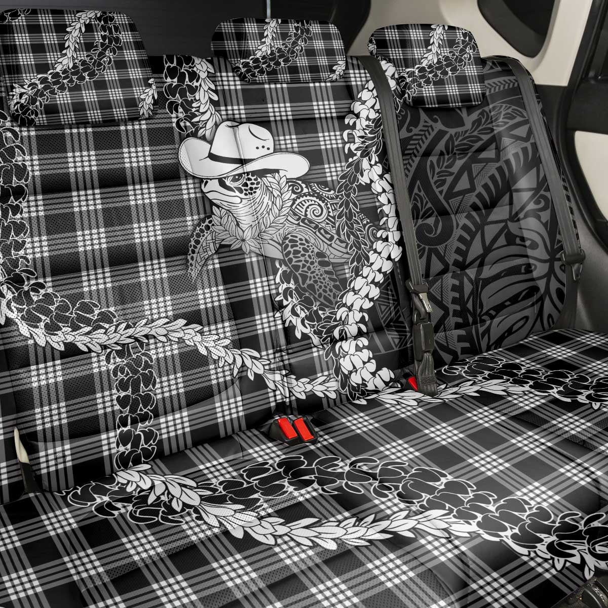 Black Hawaii Palaka Cowboy Turtle Back Car Seat Cover Hawaiian Paniolo Puakenikeni Maile Lei DT05 - Polynesian Pride