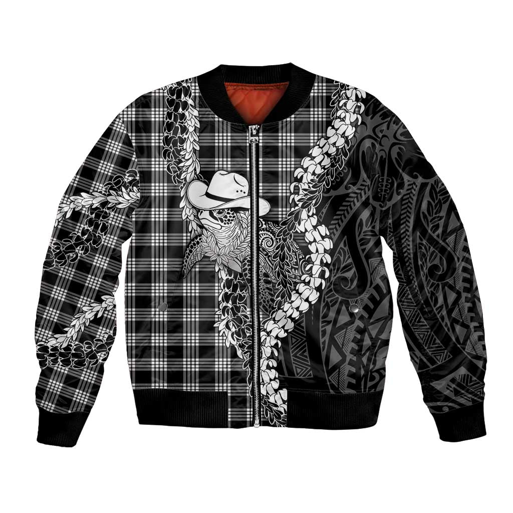 Black Hawaii Palaka Cowboy Turtle Bomber Jacket Hawaiian Paniolo Puakenikeni Maile Lei