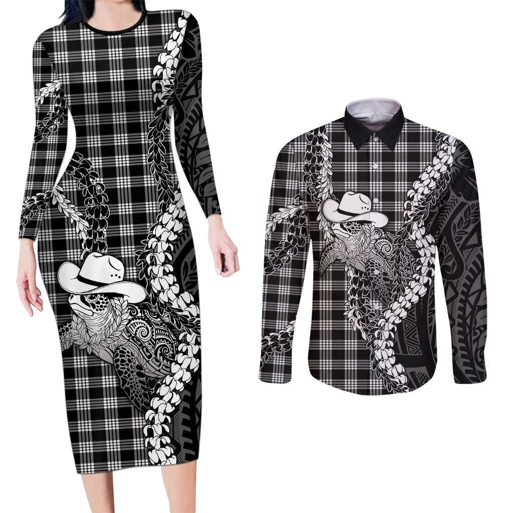 Black Hawaii Palaka Cowboy Turtle Couples Matching Long Sleeve Bodycon Dress and Long Sleeve Button Shirt Hawaiian Paniolo Puakenikeni Maile Lei