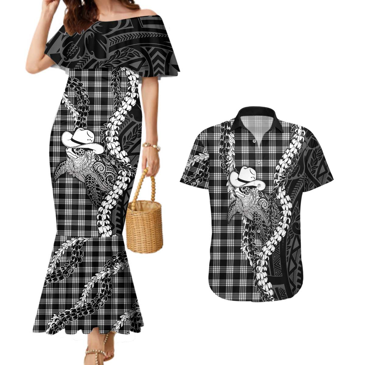 Black Hawaii Palaka Cowboy Turtle Couples Matching Mermaid Dress and Hawaiian Shirt Hawaiian Paniolo Puakenikeni Maile Lei