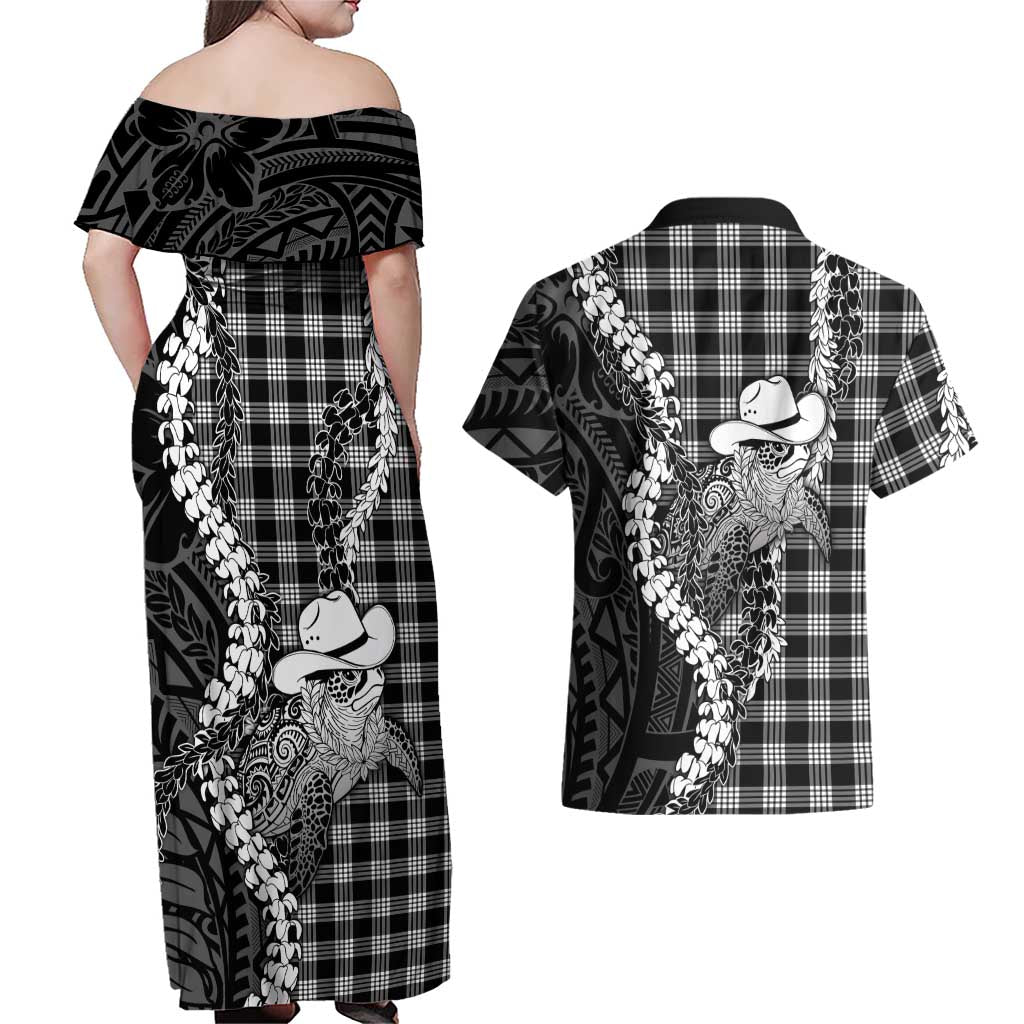 Black Hawaii Palaka Cowboy Turtle Couples Matching Off Shoulder Maxi Dress and Hawaiian Shirt Hawaiian Paniolo Puakenikeni Maile Lei