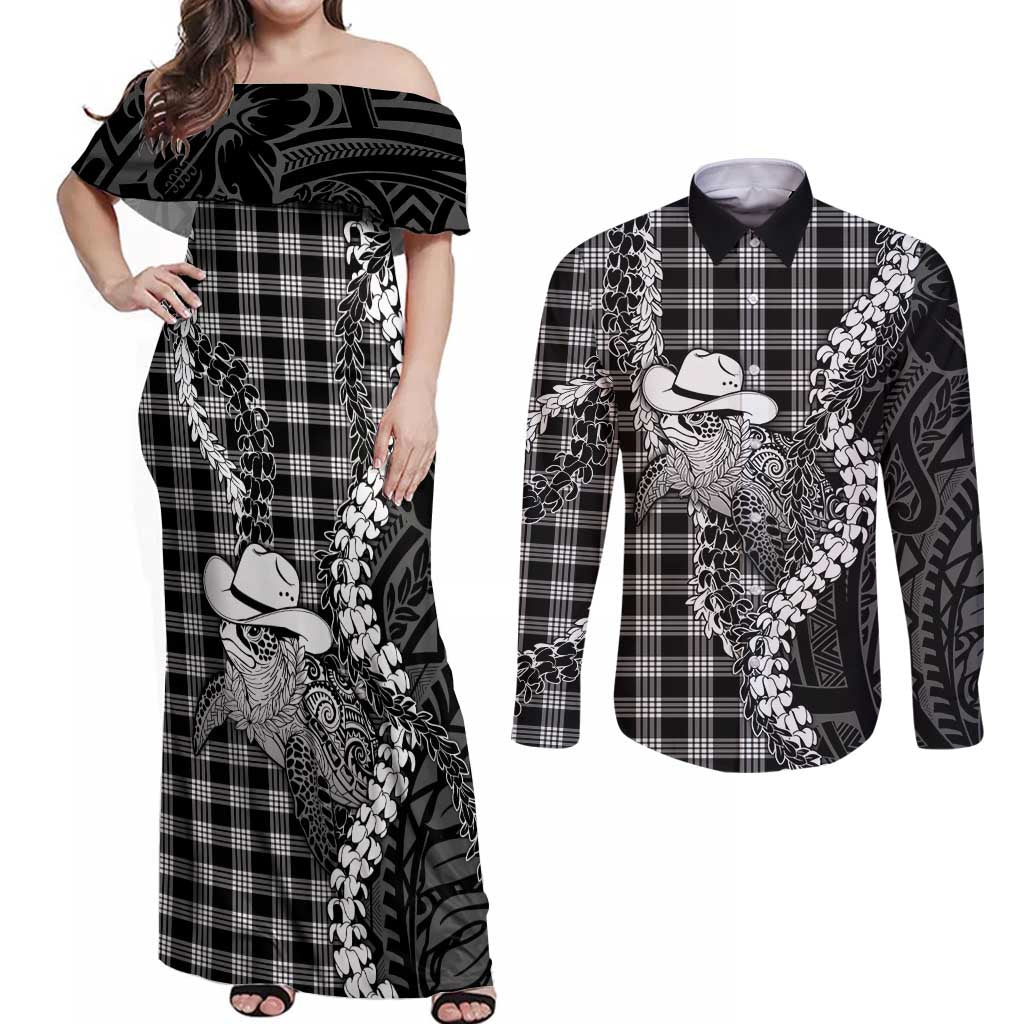 Black Hawaii Palaka Cowboy Turtle Couples Matching Off Shoulder Maxi Dress and Long Sleeve Button Shirt Hawaiian Paniolo Puakenikeni Maile Lei