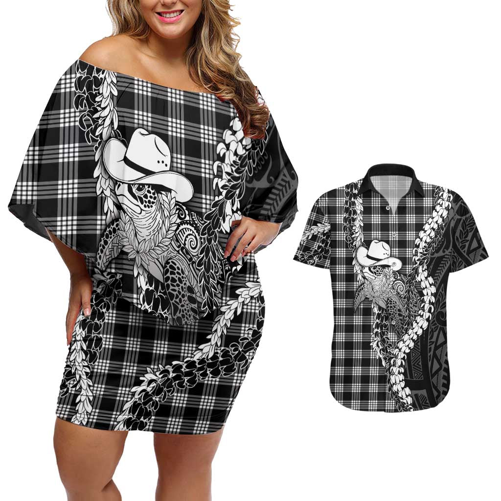 Black Hawaii Palaka Cowboy Turtle Couples Matching Off Shoulder Short Dress and Hawaiian Shirt Hawaiian Paniolo Puakenikeni Maile Lei DT05 Black - Polynesian Pride