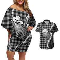 Black Hawaii Palaka Cowboy Turtle Couples Matching Off Shoulder Short Dress and Hawaiian Shirt Hawaiian Paniolo Puakenikeni Maile Lei DT05 Black - Polynesian Pride
