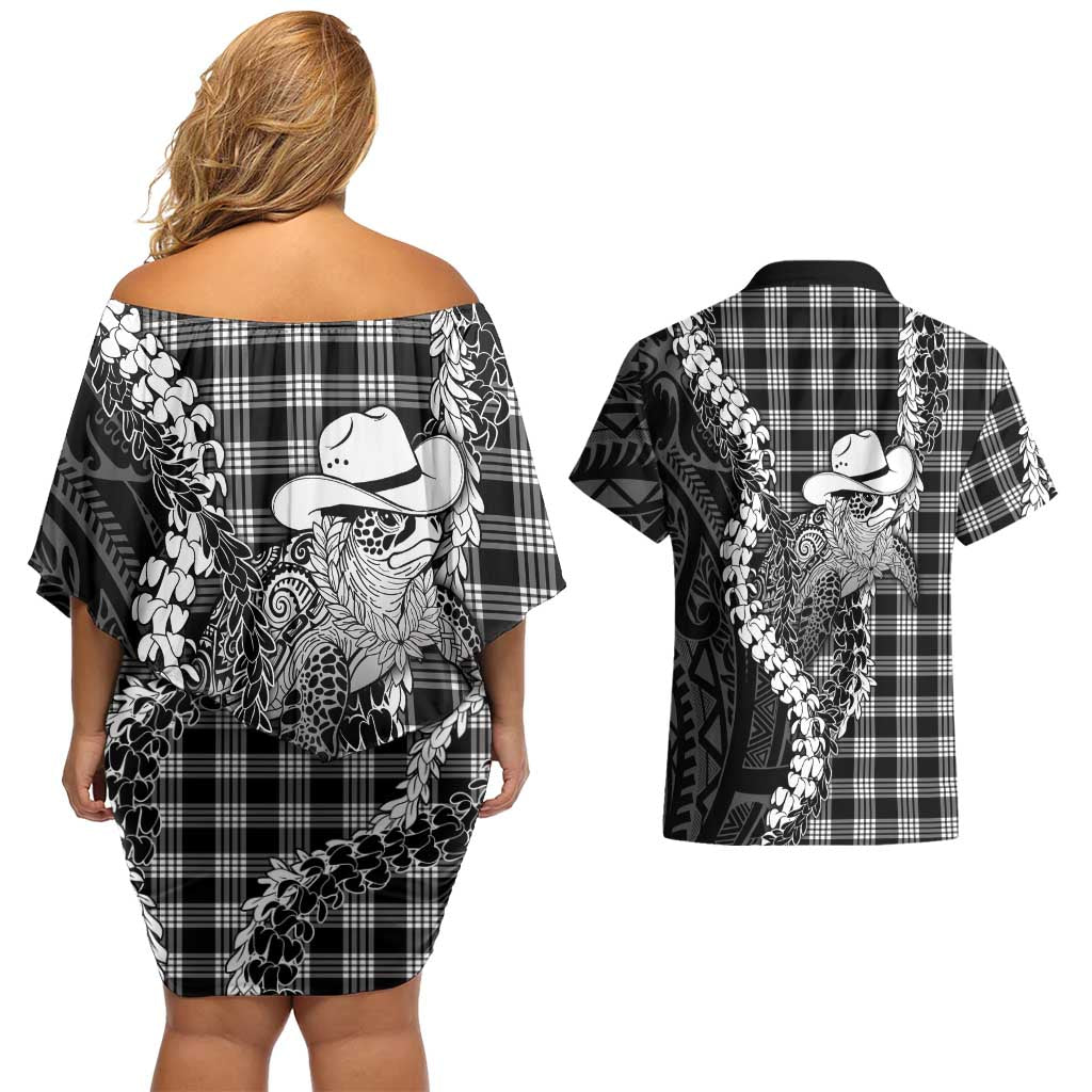 Black Hawaii Palaka Cowboy Turtle Couples Matching Off Shoulder Short Dress and Hawaiian Shirt Hawaiian Paniolo Puakenikeni Maile Lei DT05 - Polynesian Pride