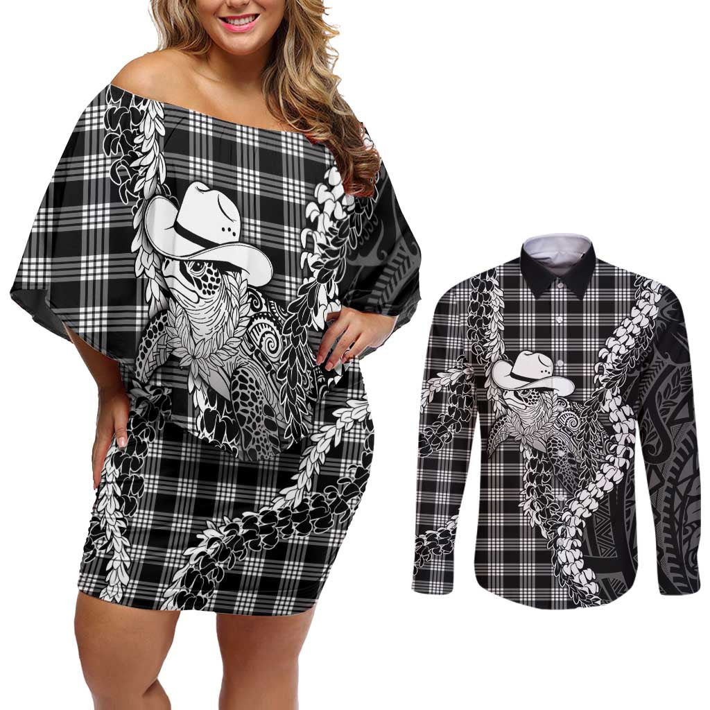 Black Hawaii Palaka Cowboy Turtle Couples Matching Off Shoulder Short Dress and Long Sleeve Button Shirt Hawaiian Paniolo Puakenikeni Maile Lei