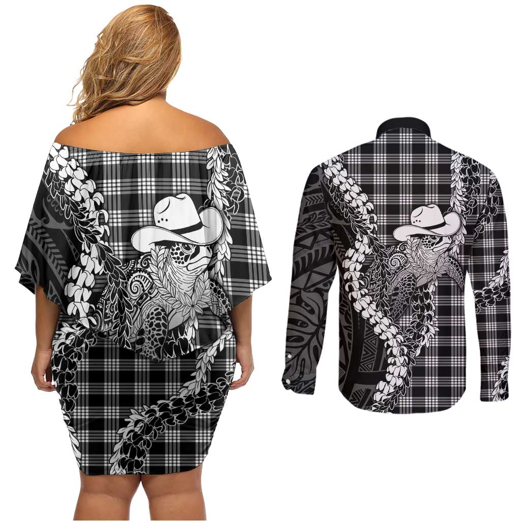 Black Hawaii Palaka Cowboy Turtle Couples Matching Off Shoulder Short Dress and Long Sleeve Button Shirt Hawaiian Paniolo Puakenikeni Maile Lei