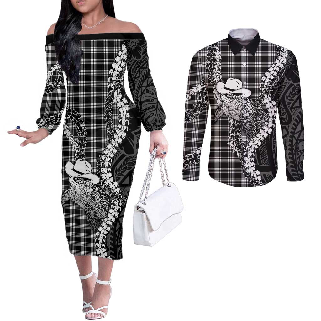 Black Hawaii Palaka Cowboy Turtle Couples Matching Off The Shoulder Long Sleeve Dress and Long Sleeve Button Shirt Hawaiian Paniolo Puakenikeni Maile Lei DT05 Black - Polynesian Pride