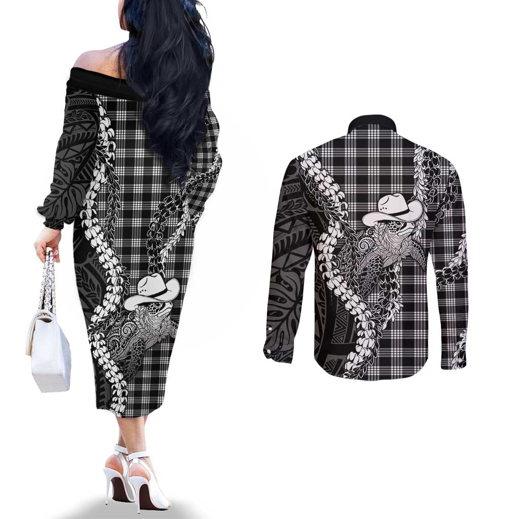 Black Hawaii Palaka Cowboy Turtle Couples Matching Off The Shoulder Long Sleeve Dress and Long Sleeve Button Shirt Hawaiian Paniolo Puakenikeni Maile Lei DT05 - Polynesian Pride
