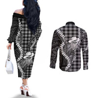 Black Hawaii Palaka Cowboy Turtle Couples Matching Off The Shoulder Long Sleeve Dress and Long Sleeve Button Shirt Hawaiian Paniolo Puakenikeni Maile Lei DT05 - Polynesian Pride