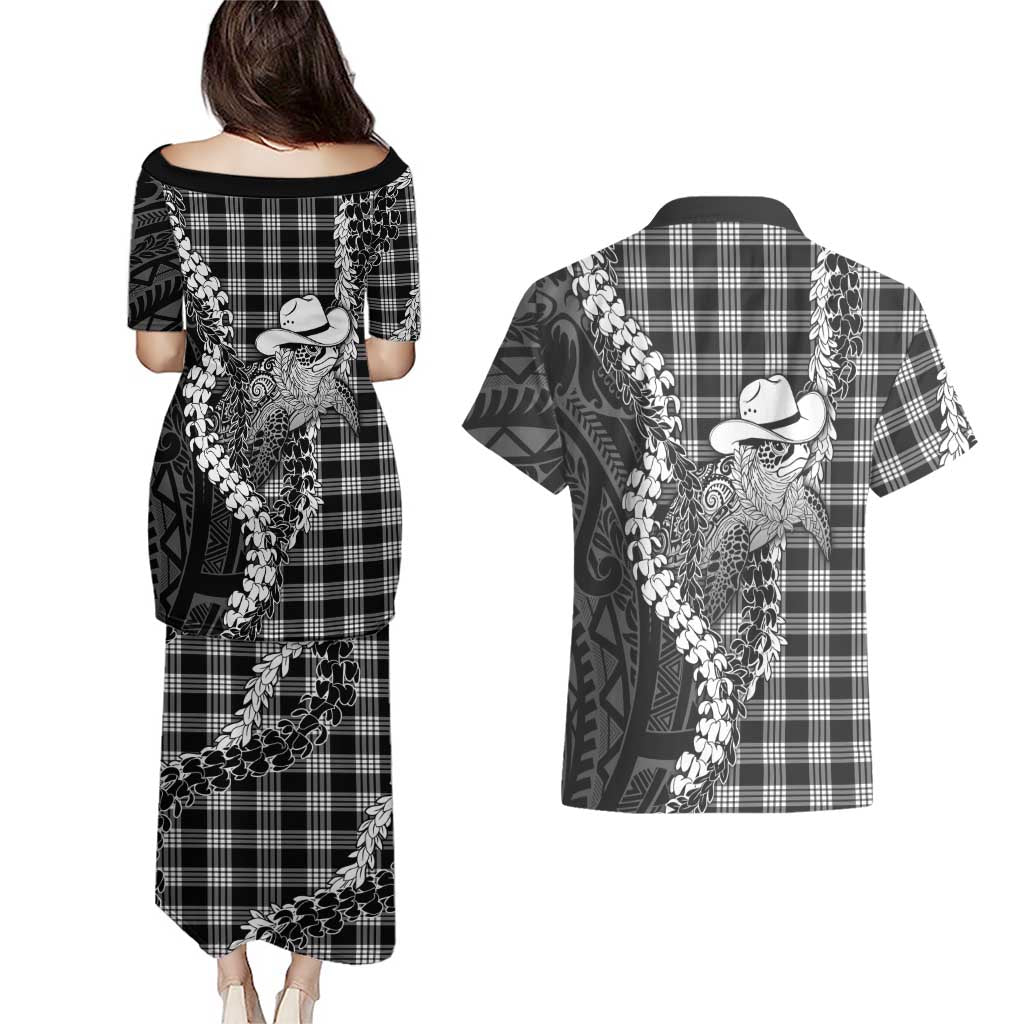 Black Hawaii Palaka Cowboy Turtle Couples Matching Puletasi and Hawaiian Shirt Hawaiian Paniolo Puakenikeni Maile Lei