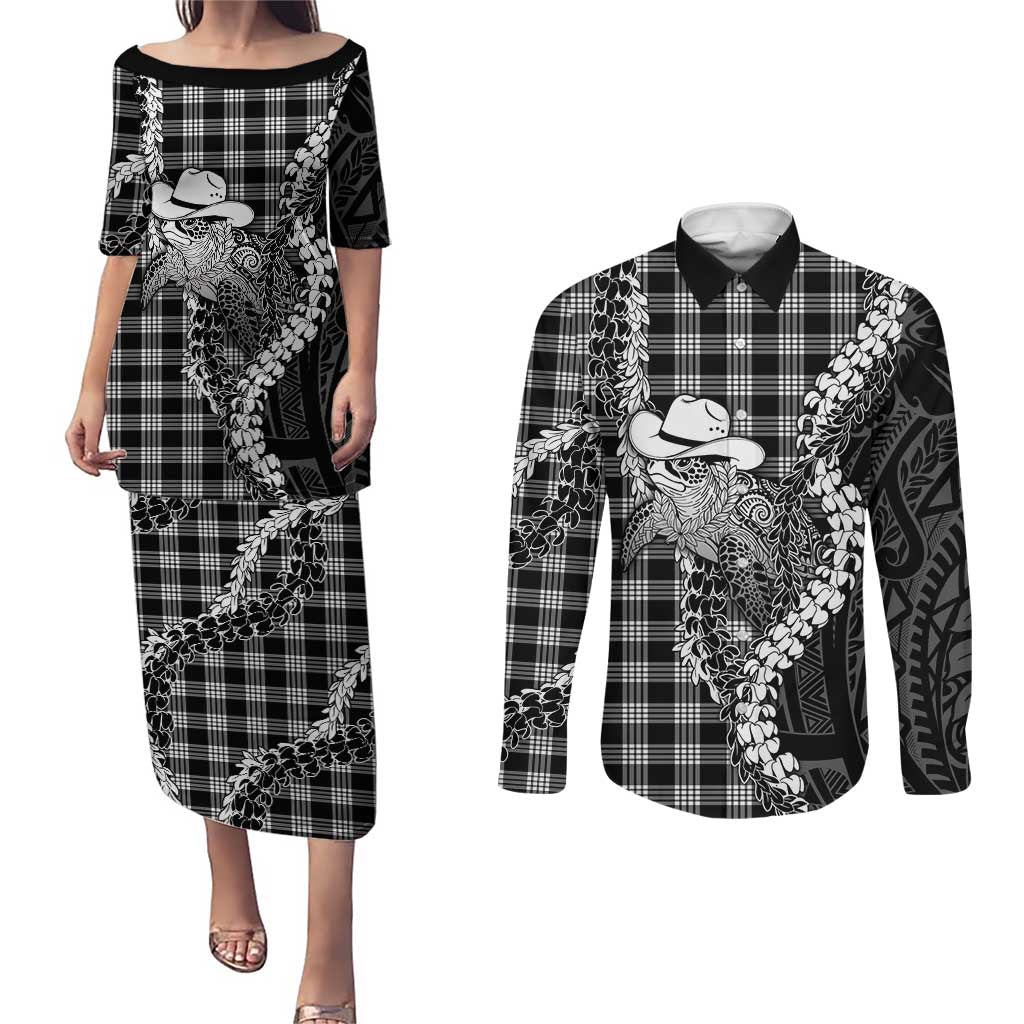 Black Hawaii Palaka Cowboy Turtle Couples Matching Puletasi and Long Sleeve Button Shirt Hawaiian Paniolo Puakenikeni Maile Lei