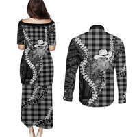Black Hawaii Palaka Cowboy Turtle Couples Matching Puletasi and Long Sleeve Button Shirt Hawaiian Paniolo Puakenikeni Maile Lei