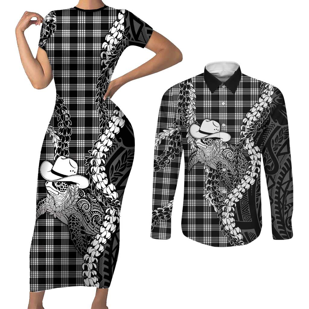 Black Hawaii Palaka Cowboy Turtle Couples Matching Short Sleeve Bodycon Dress and Long Sleeve Button Shirt Hawaiian Paniolo Puakenikeni Maile Lei DT05 Black - Polynesian Pride