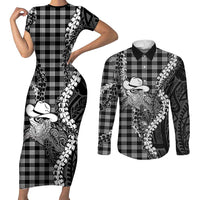 Black Hawaii Palaka Cowboy Turtle Couples Matching Short Sleeve Bodycon Dress and Long Sleeve Button Shirt Hawaiian Paniolo Puakenikeni Maile Lei DT05 Black - Polynesian Pride