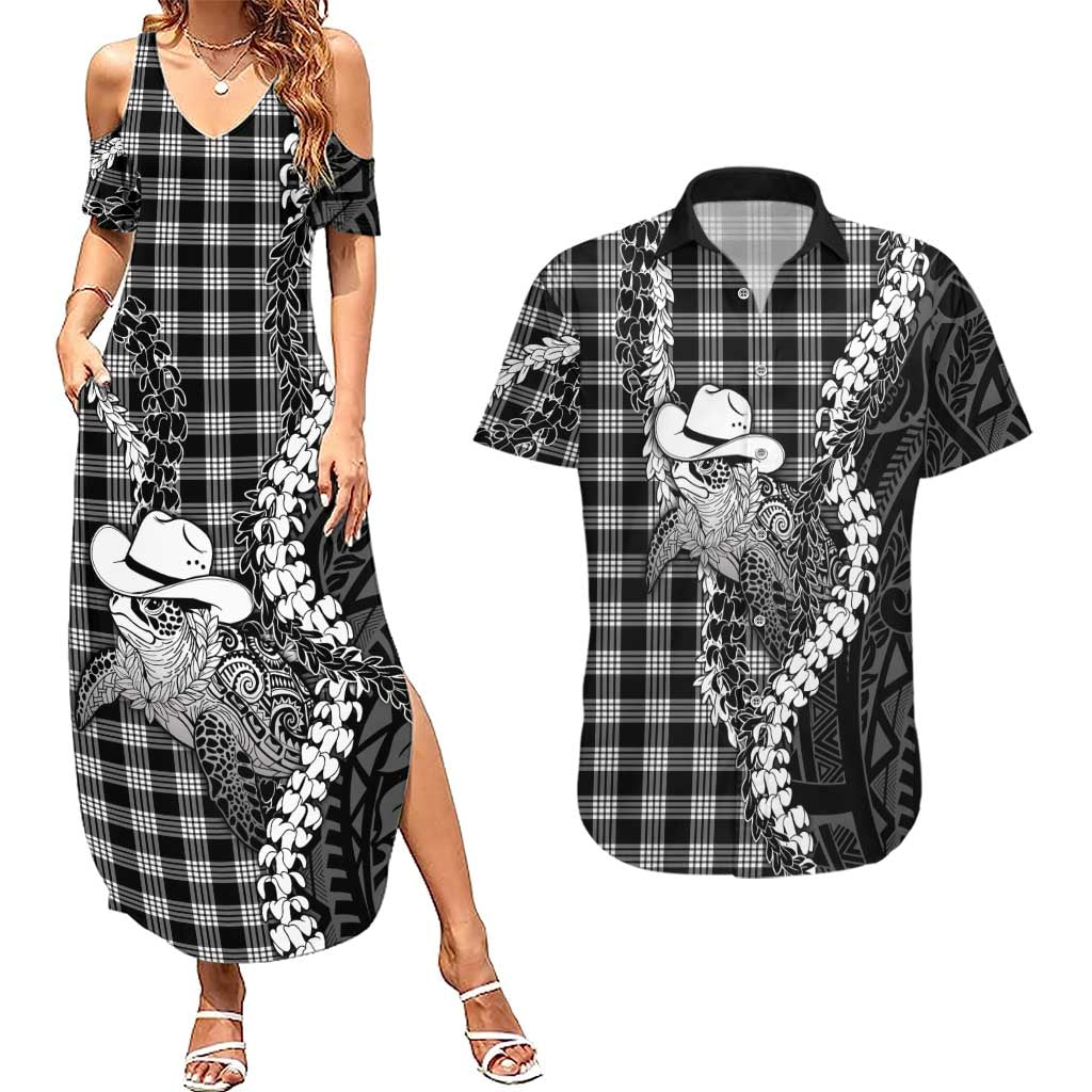 Black Hawaii Palaka Cowboy Turtle Couples Matching Summer Maxi Dress and Hawaiian Shirt Hawaiian Paniolo Puakenikeni Maile Lei