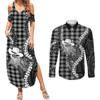 Black Hawaii Palaka Cowboy Turtle Couples Matching Summer Maxi Dress and Long Sleeve Button Shirt Hawaiian Paniolo Puakenikeni Maile Lei